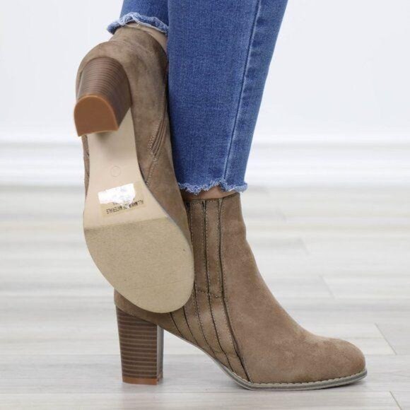 Ankle Boots Block Heel Rounded Toe Taupe Faux Suede Side Zipper High Shaft Chic - Picture 5 of 13